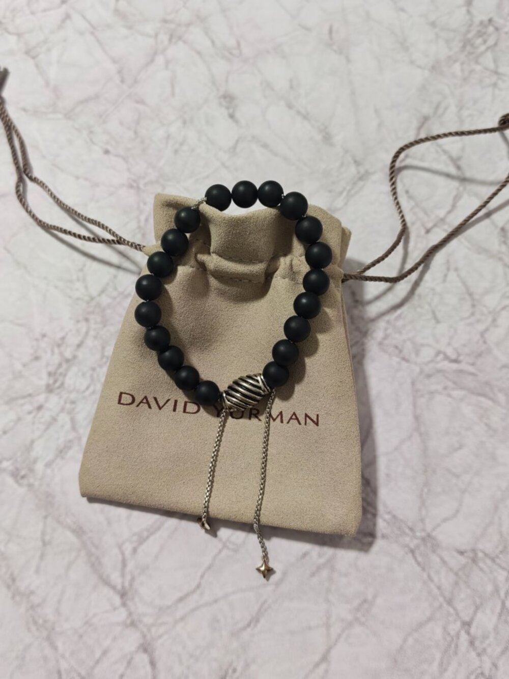 Black Onyx Bead Bracelet with Sterling Silver Cable Barrel, Adjustable - Picture 2 of 8
